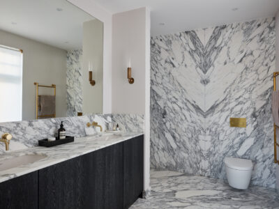 Book Matched Arabescato Bathroom Book Matched Arabescato Bathroom - wall cladding and vanity top with splash-backs from matching Arabescato marble