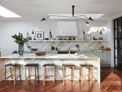 Calacatta Marble Worktops - made to measure worktops, shelves and an island unit all clad in Calacatta Gold marble