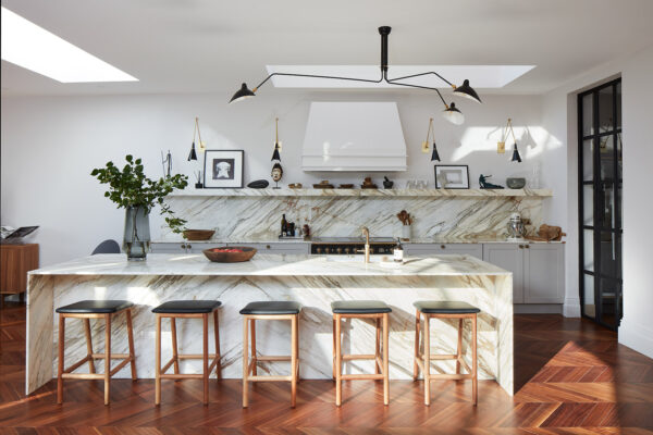 Calacatta Marble Worktops - made to measure worktops, shelves and an island unit all clad in Calacatta Gold marble
