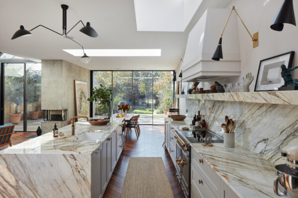 Calacatta Oro Marble Worktops - made to measure worktops, shelves and an island unit all clad in Calacatta marble