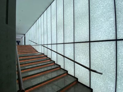 Glass Wall Cladding in Translucent White Topaz Eco Glass