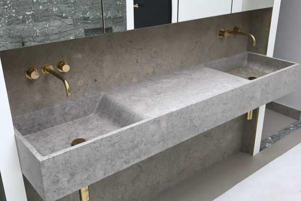 Moleanos Blue Vanity - double vanity fabricated and installed by Stoneville in London