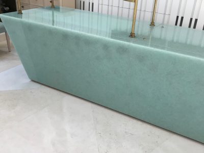Recycled Glass Bar Sapphire Green - bespoke joinery clad in large bespoke panels