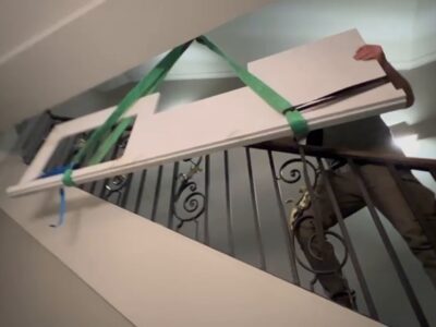 block and chain hoist lifting of marble pieces