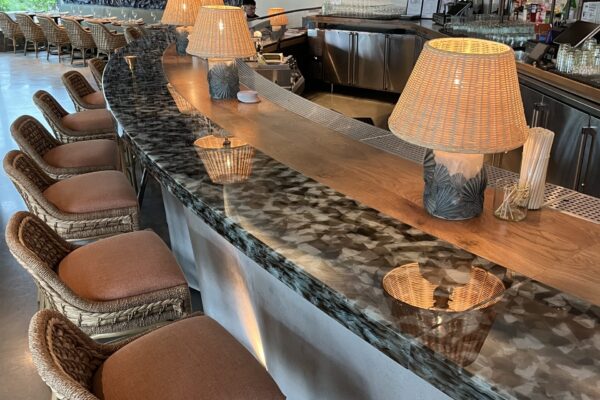 Bespoke Stoneville Zircon Glass bar top Bespoke Stoneville Zircon Glass bar top made from 100% recycled glass in brown and white pattern
